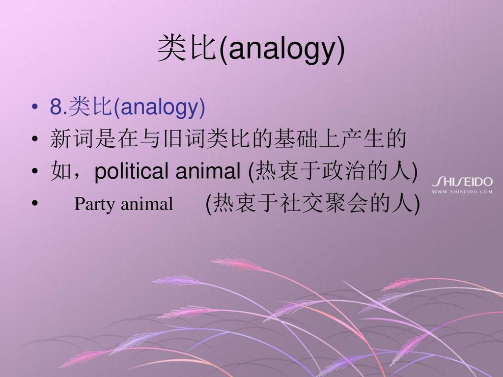 类比(analogy) 8.类比(analogy) 新词是在与旧词类比的基础上产生的