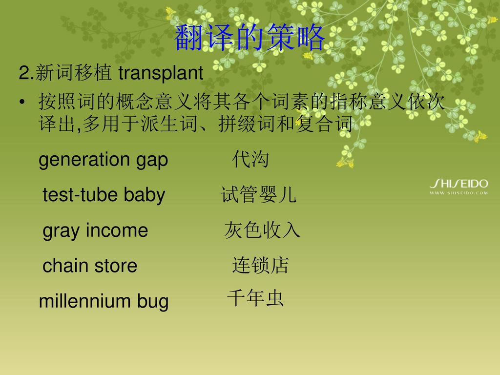 翻译的策略 2.新词移植 transplant 按照词的概念意义将其各个词素的指称意义依次译出,多用于派生词、拼缀词和复合词