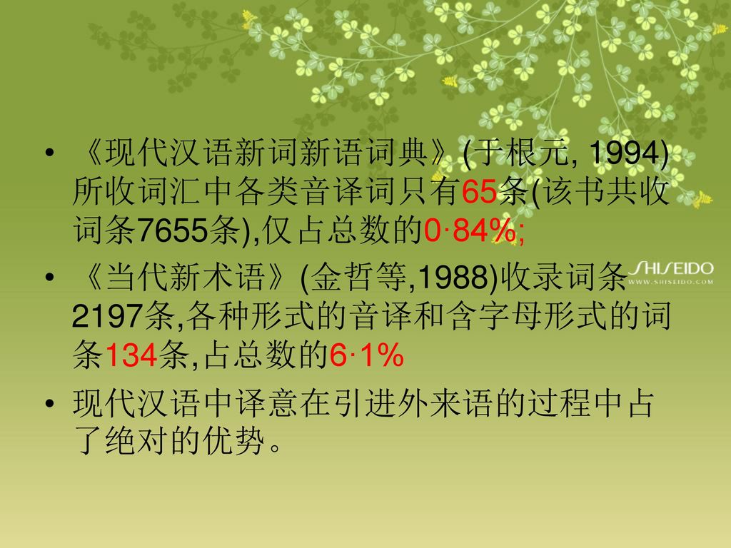 《现代汉语新词新语词典》(于根元, 1994)所收词汇中各类音译词只有65条(该书共收词条7655条),仅占总数的0·84%;