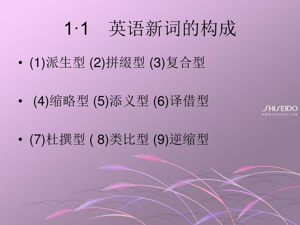 1·1 英语新词的构成 (1)派生型 (2)拼缀型 (3)复合型 (4)缩略型 (5)添义型 (6)译借型