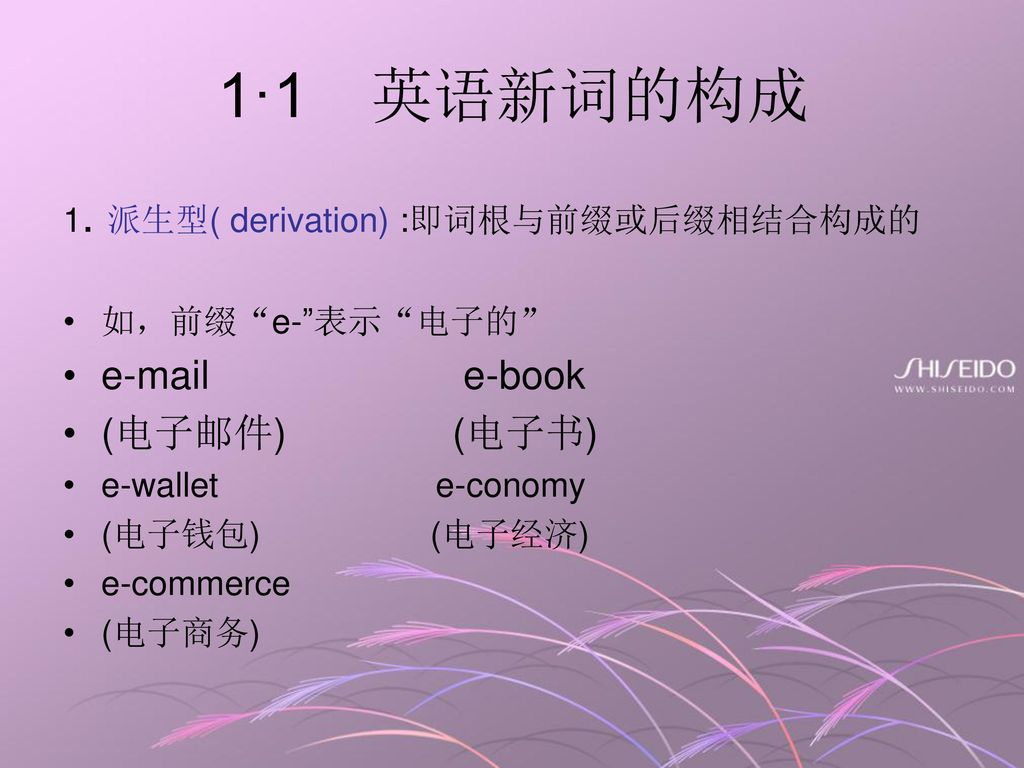 1·1 英语新词的构成  e-book (电子邮件) (电子书)