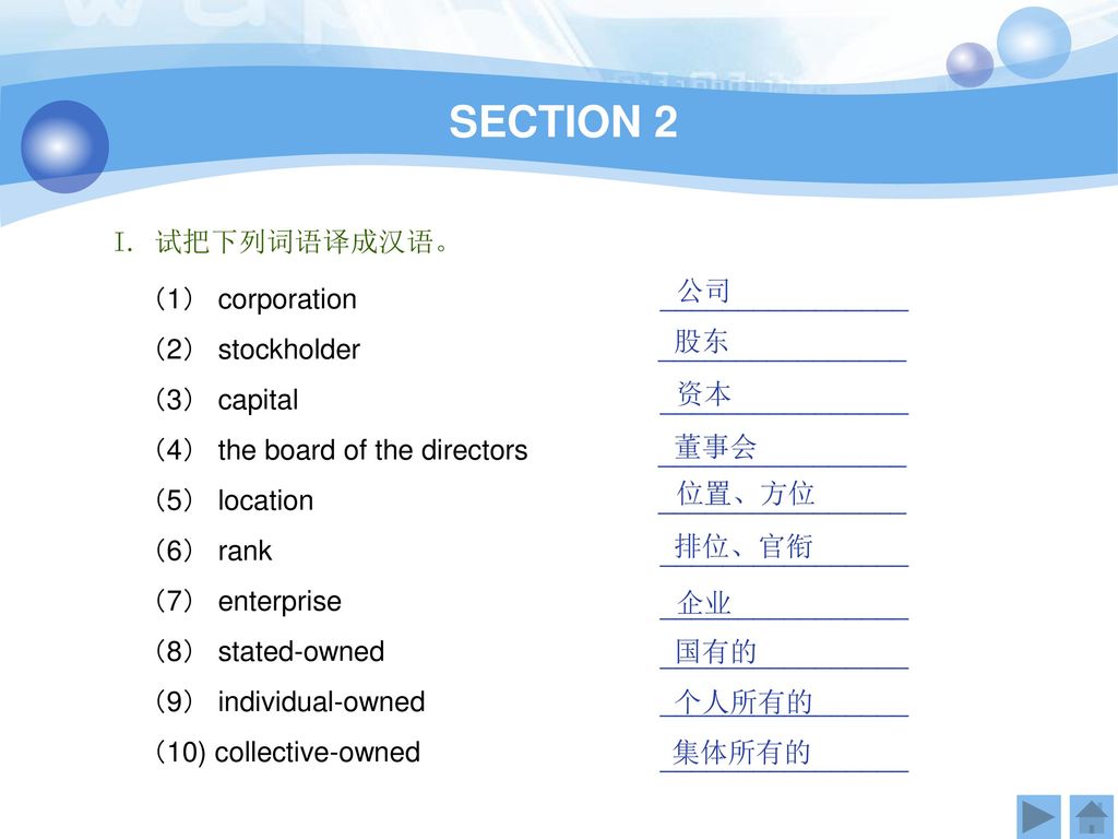 SECTION 2 I. 试把下列词语译成汉语。 公司 （1） corporation （2） stockholder