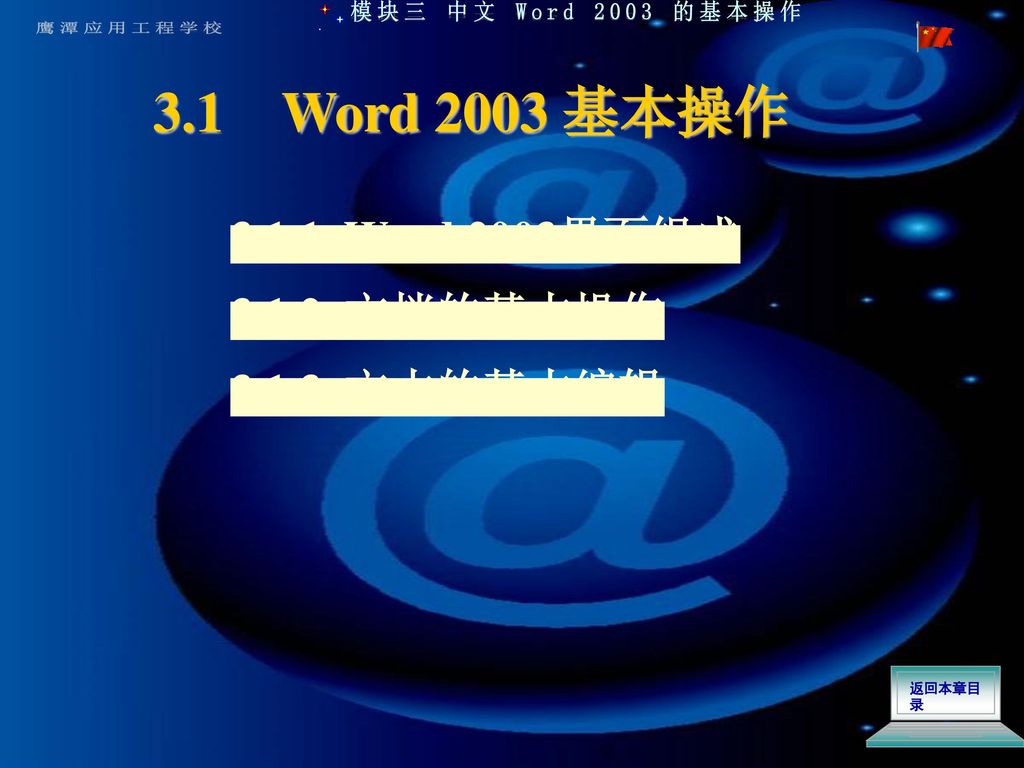 3.1 Word 2003 基本操作 Word 2003界面组成 文档的基本操作 文本的基本编辑