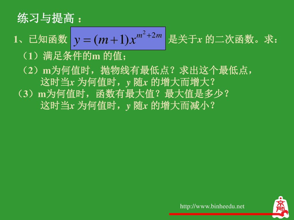 练习与提高 ： 1、已知函数 是关于x 的二次函数。求： （1）满足条件的m 的值； （2）m为何值时，抛物线有最低点？求出这个最低点，