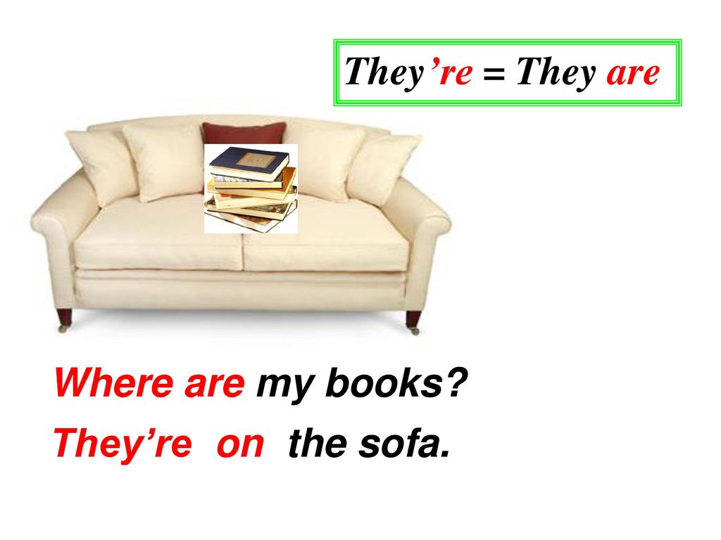 They’re = They are Where are my books They’re on the sofa.
