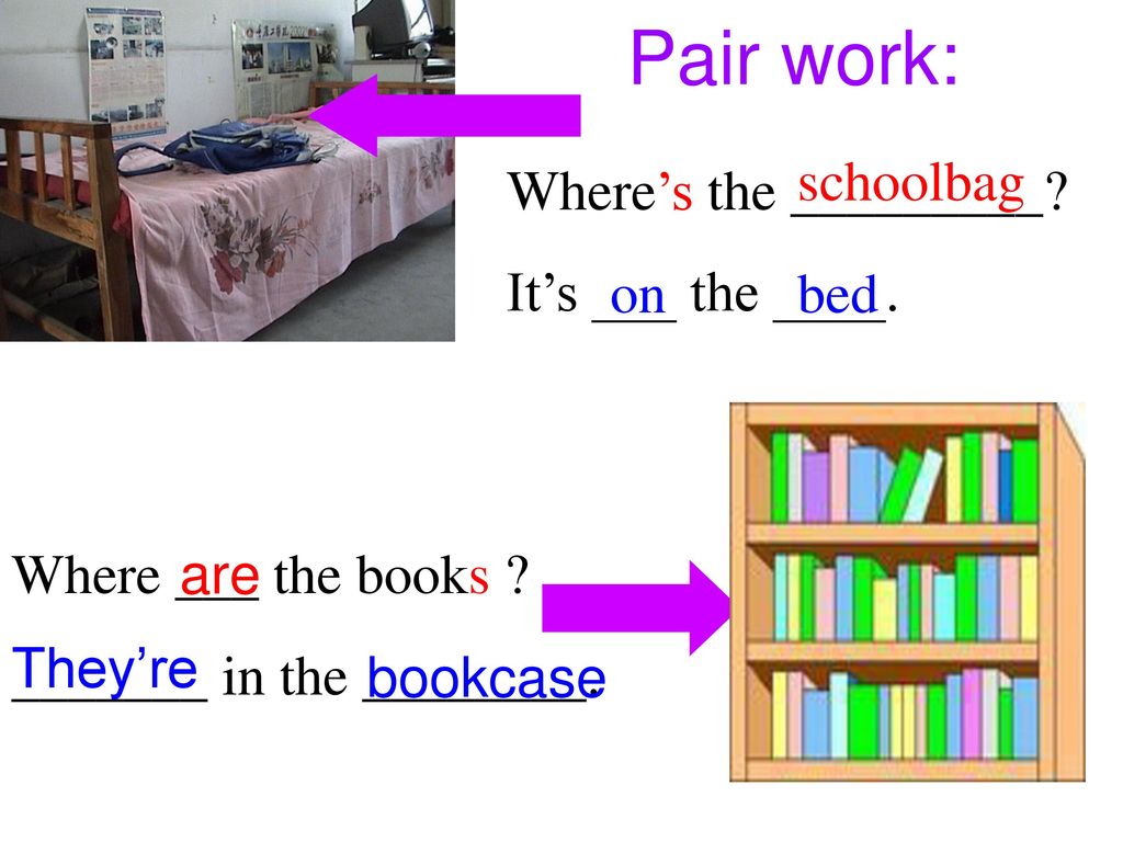 Pair work: schoolbag Where’s the _________ It’s ___ the ____. on bed