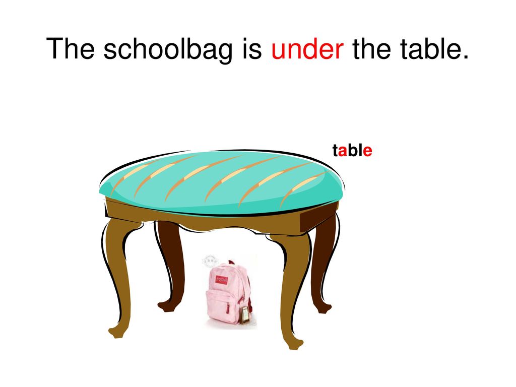 The schoolbag is under the table.