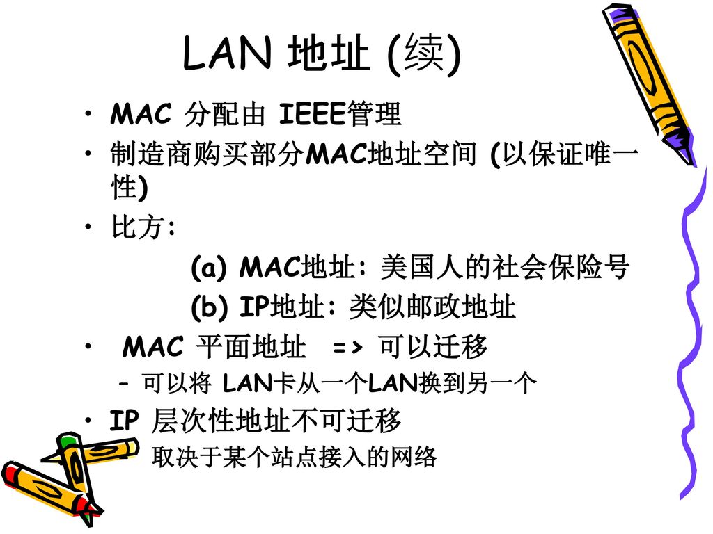 LAN 地址 (续) MAC 分配由 IEEE管理 制造商购买部分MAC地址空间 (以保证唯一性) 比方: