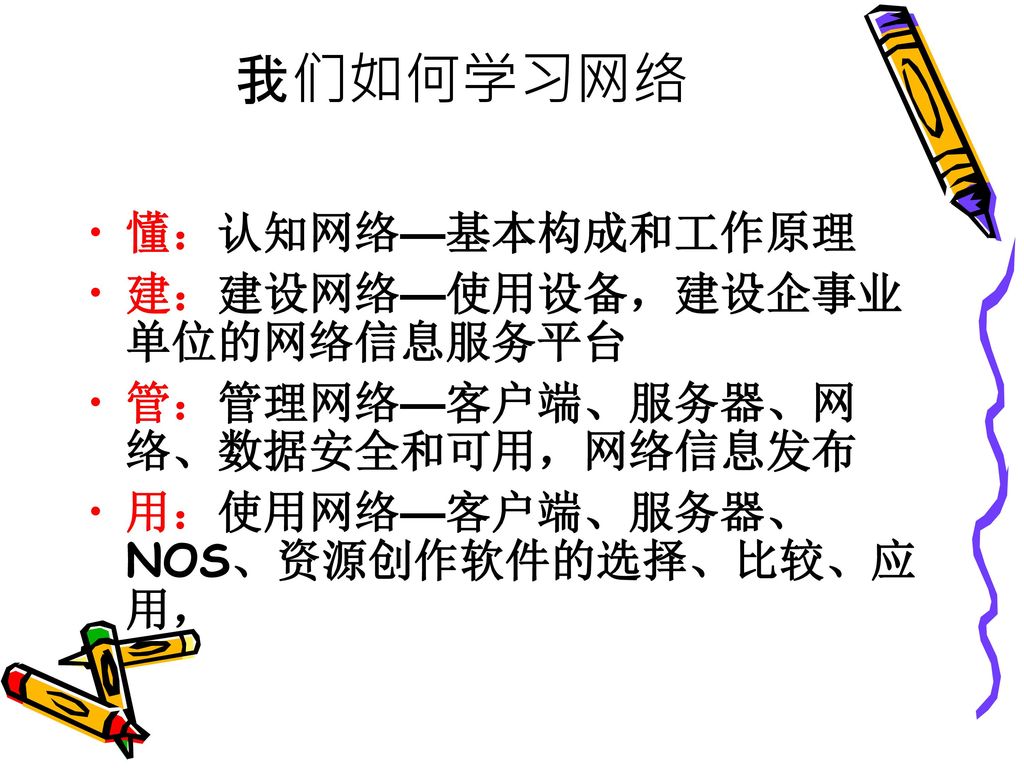 我们如何学习网络 懂：认知网络—基本构成和工作原理 建：建设网络—使用设备，建设企事业单位的网络信息服务平台