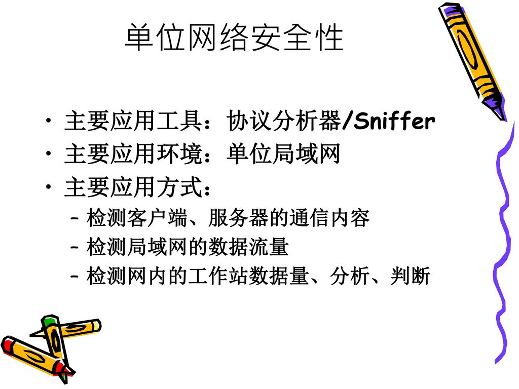 单位网络安全性 主要应用工具：协议分析器/Sniffer 主要应用环境：单位局域网 主要应用方式： 检测客户端、服务器的通信内容