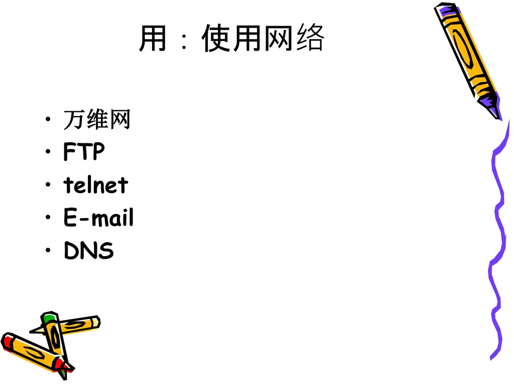 用：使用网络 万维网 FTP telnet  DNS