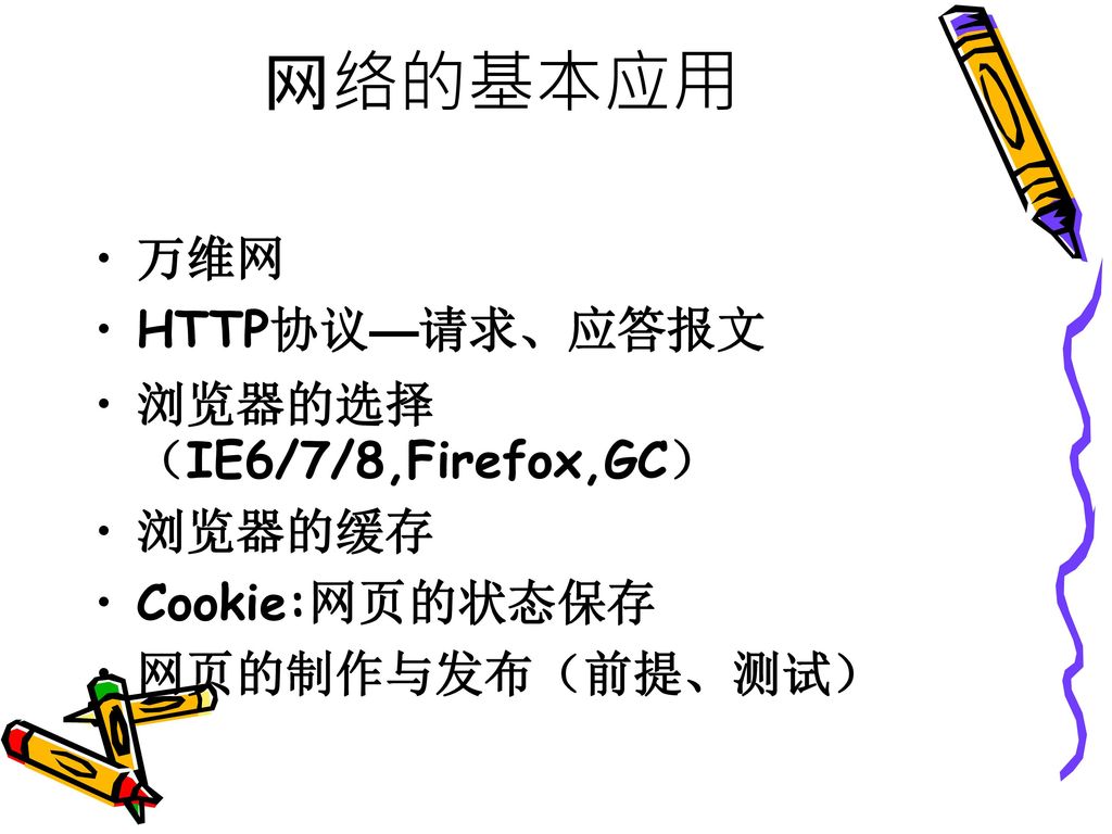 网络的基本应用 万维网 HTTP协议—请求、应答报文 浏览器的选择（IE6/7/8,Firefox,GC） 浏览器的缓存