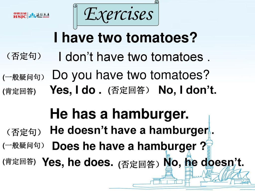 Exercises I have two tomatoes He has a hamburger.