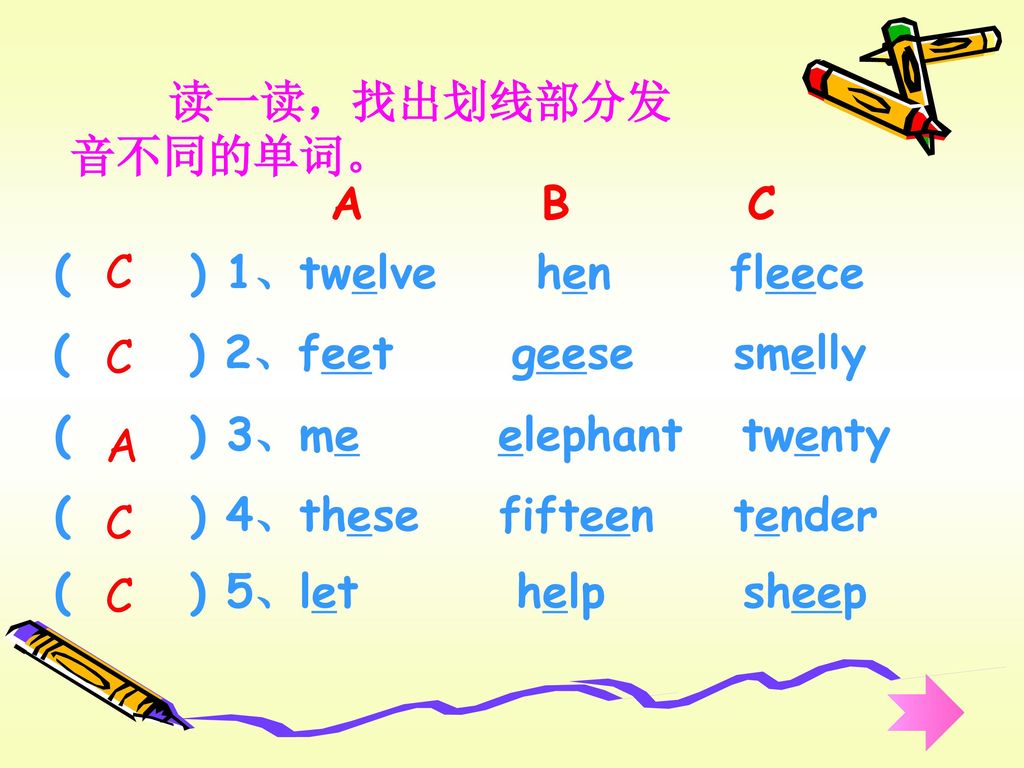 读一读，找出划线部分发音不同的单词。 A B C. ( ) 1、twelve hen fleece. C. ( ) 2、feet geese smelly.
