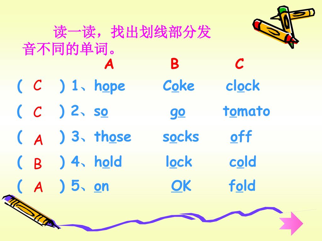 读一读，找出划线部分发音不同的单词。 A B C. ( ) 1、hope Coke clock. C. ( ) 2、so go tomato.