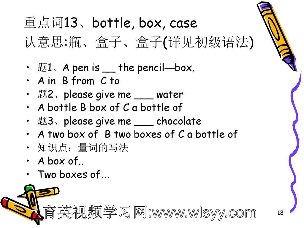 重点词13、bottle, box, case 认意思:瓶、盒子、盒子(详见初级语法)