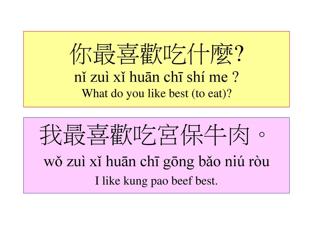 你最喜歡吃什麼 nǐ zuì xǐ huān chī shí me What do you like best (to eat)