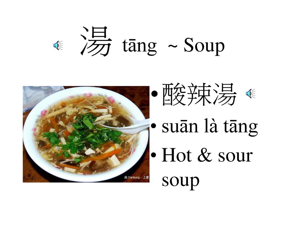 湯 tāng ~ Soup 酸辣湯 suān là tāng Hot & sour soup