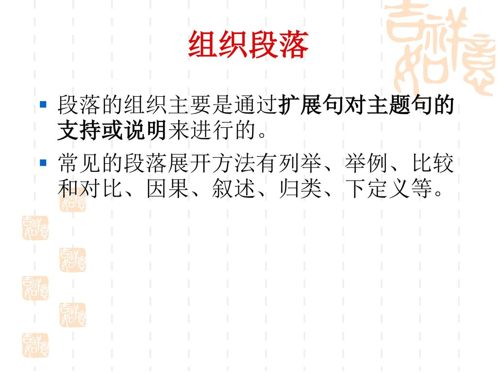 组织段落 段落的组织主要是通过扩展句对主题句的支持或说明来进行的。 常见的段落展开方法有列举、举例、比较和对比、因果、叙述、归类、下定义等。