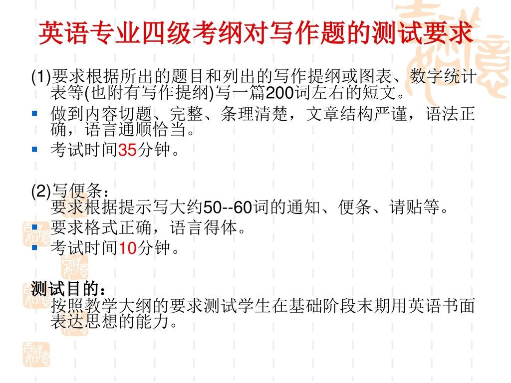 英语专业四级考纲对写作题的测试要求 (1)要求根据所出的题目和列出的写作提纲或图表、数字统计表等(也附有写作提纲)写一篇200词左右的短文。