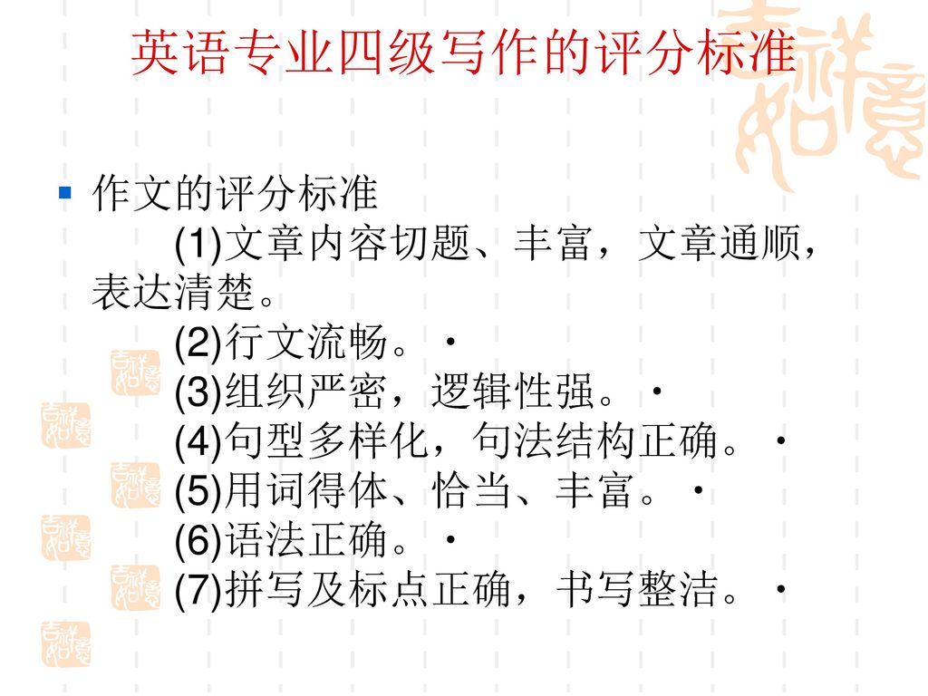 英语专业四级写作的评分标准 作文的评分标准 (1)文章内容切题、丰富，文章通顺，表达清楚。 (2)行文流畅。 (3)组织严密，逻辑性强。 (4)句型多样化，句法结构正确。 (5)用词得体、恰当、丰富。 (6)语法正确。 (7)拼写及标点正确，书写整洁。