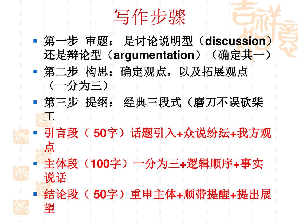 写作步骤 第一步 审题： 是讨论说明型（discussion）还是辩论型（argumentation）（确定其一）