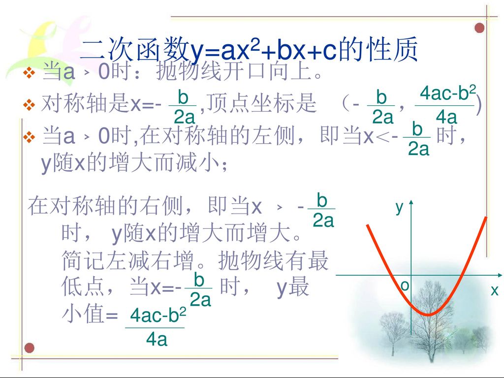 二次函数y=ax2+bx+c的性质 当a﹥0时：抛物线开口向上。 对称轴是x=- ,顶点坐标是 （- ， )