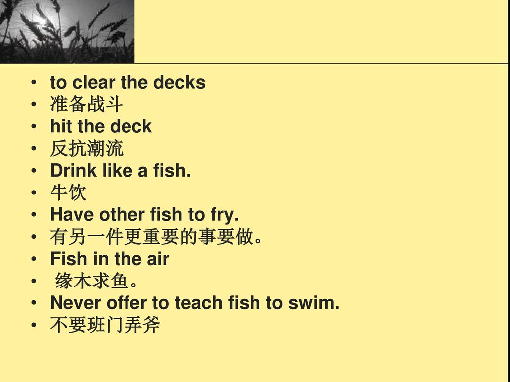 to clear the decks 准备战斗. hit the deck. 反抗潮流. Drink like a fish. 牛饮. Have other fish to fry. 有另一件更重要的事要做。