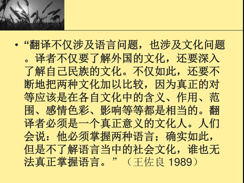 翻译不仅涉及语言问题，也涉及文化问题。译者不仅要了解外国的文化，还要深入了解自己民族的文化。不仅如此，还要不断地把两种文化加以比较，因为真正的对等应该是在各自文化中的含义、作用、范围、感情色彩、影响等等都是相当的。翻译者必须是一个真正意义的文化人。人们会说：他必须掌握两种语言；确实如此，但是不了解语言当中的社会文化，谁也无法真正掌握语言。 （王佐良 1989）