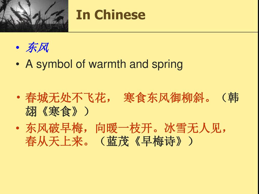 In Chinese 东风 A symbol of warmth and spring 春城无处不飞花， 寒食东风御柳斜。（韩翃《寒食》）