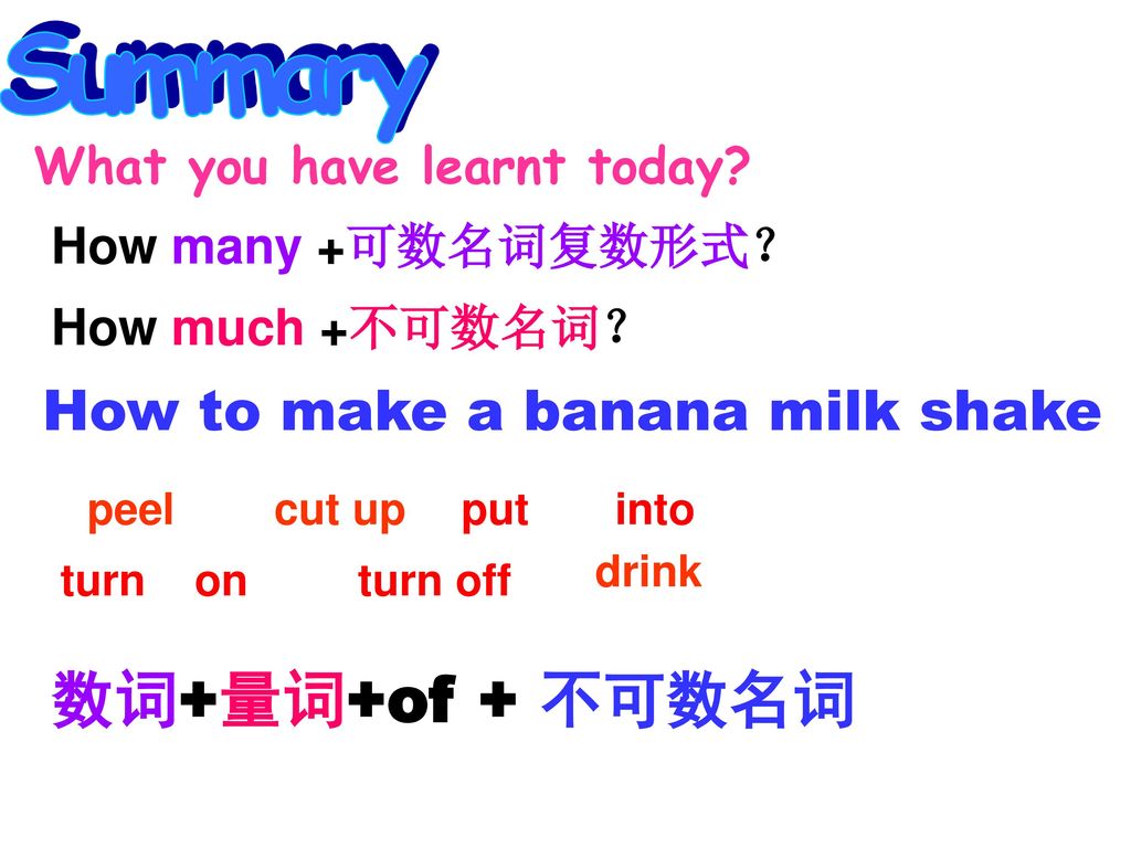 Summary 数词+量词+of + 不可数名词 How to make a banana milk shake