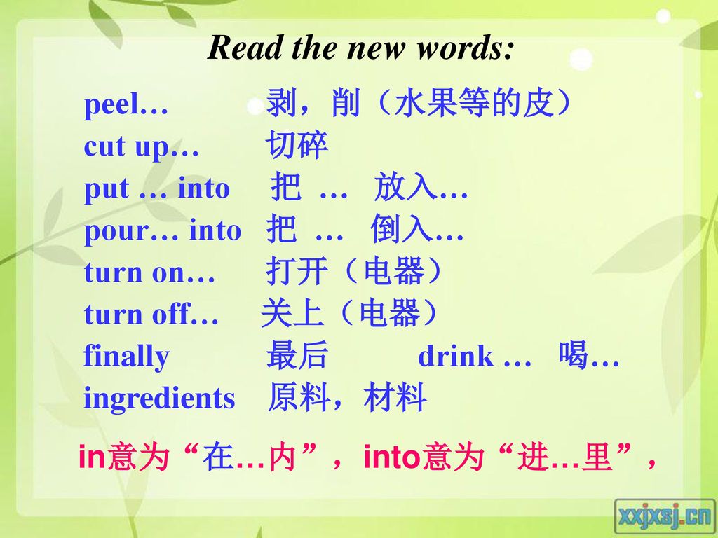 Read the new words: peel… 剥，削（水果等的皮） cut up… 切碎 put … into 把 … 放入…