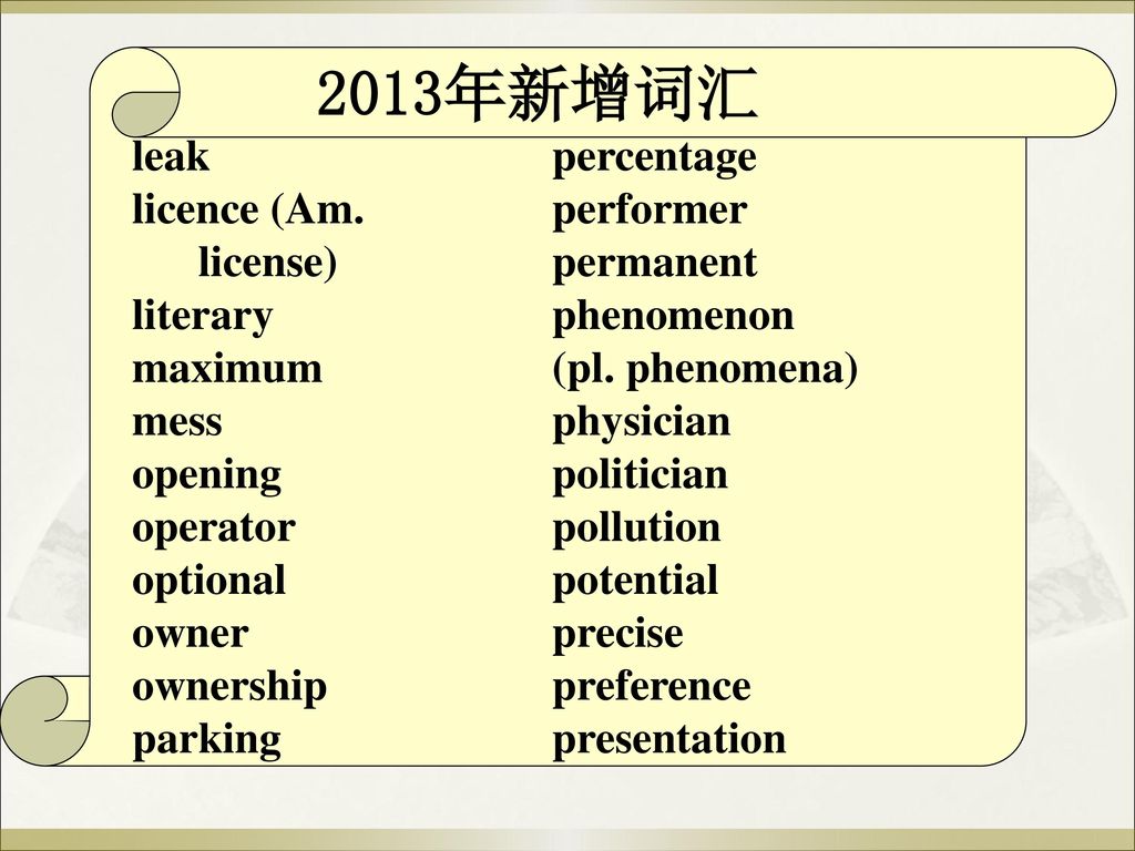 2013年新增词汇 leak licence (Am. license) literary maximum mess opening