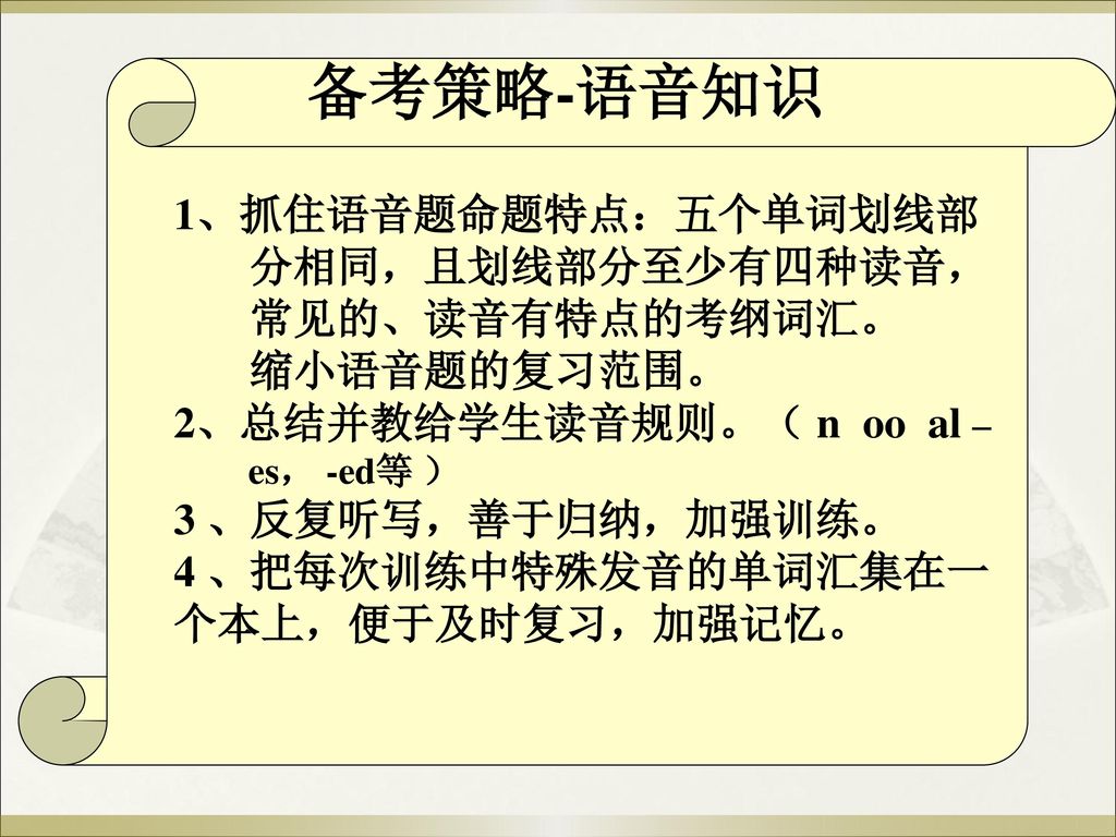 备考策略-语音知识 1、抓住语音题命题特点：五个单词划线部 分相同，且划线部分至少有四种读音， 常见的、读音有特点的考纲词汇。