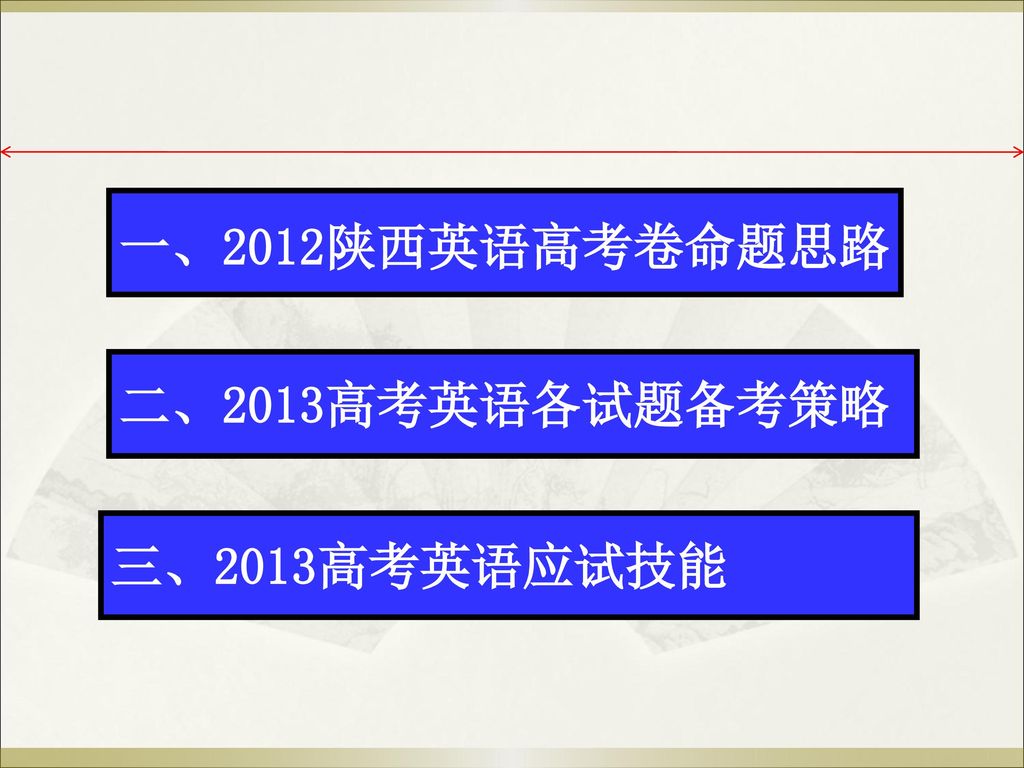 一、2012陕西英语高考卷命题思路 二、2013高考英语各试题备考策略 三、2013高考英语应试技能