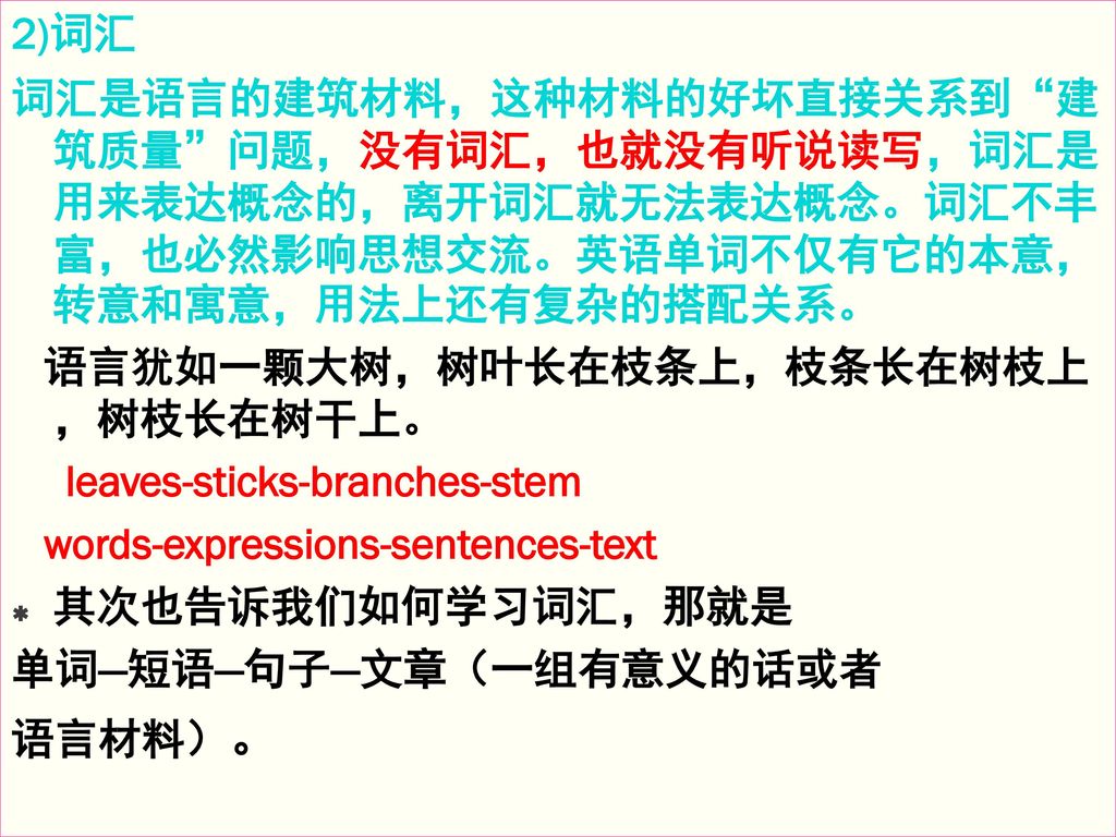 2)词汇 词汇是语言的建筑材料，这种材料的好坏直接关系到 建筑质量 问题，没有词汇，也就没有听说读写，词汇是用来表达概念的，离开词汇就无法表达概念。词汇不丰富，也必然影响思想交流。英语单词不仅有它的本意，转意和寓意，用法上还有复杂的搭配关系。