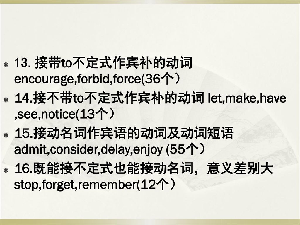 13.接带to不定式作宾补的动词encourage,forbid,force(36个）