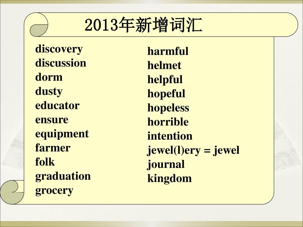 2013年新增词汇 discovery harmful discussion helmet dorm helpful dusty