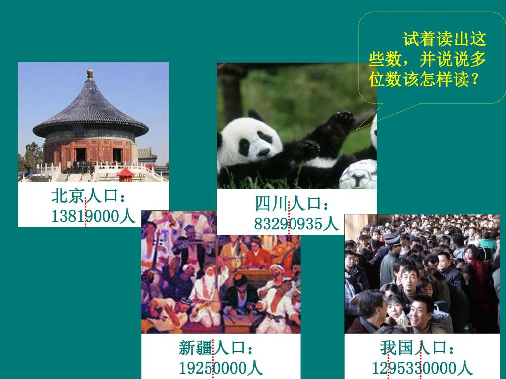 试着读出这些数，并说说多位数该怎样读？ 四川人口： 人 北京人口： 人 新疆人口： 人 我国人口： 人