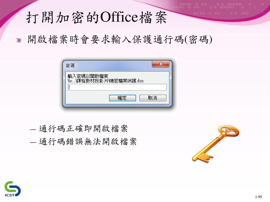 打開加密的Office檔案 開啟檔案時會要求輸入保護通行碼(密碼) 通行碼正確即開啟檔案 通行碼錯誤無法開啟檔案