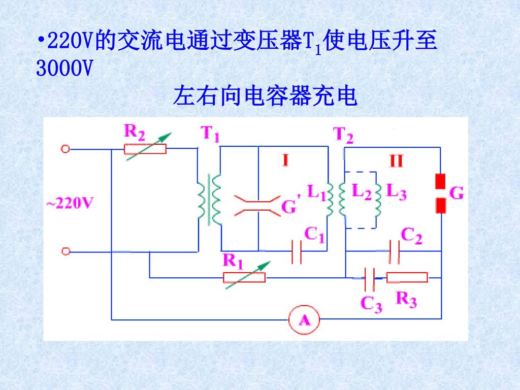 220V的交流电通过变压器T1使电压升至3000V 左右向电容器充电