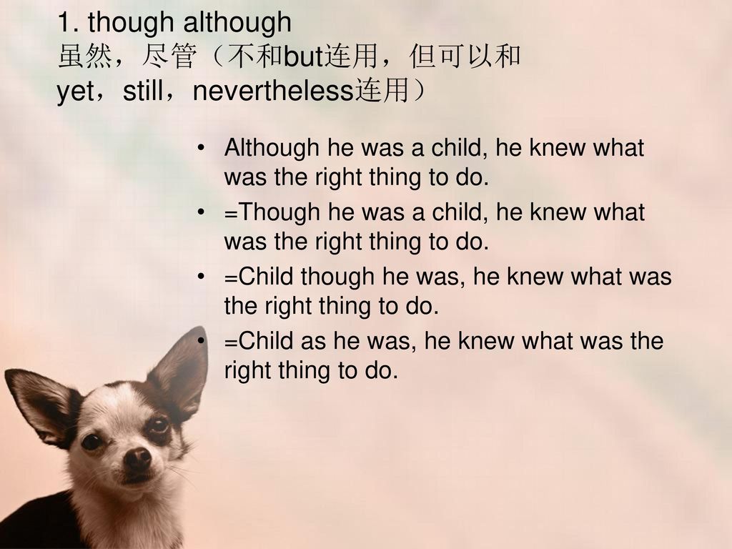 1. though although 虽然，尽管（不和but连用，但可以和yet，still，nevertheless连用）