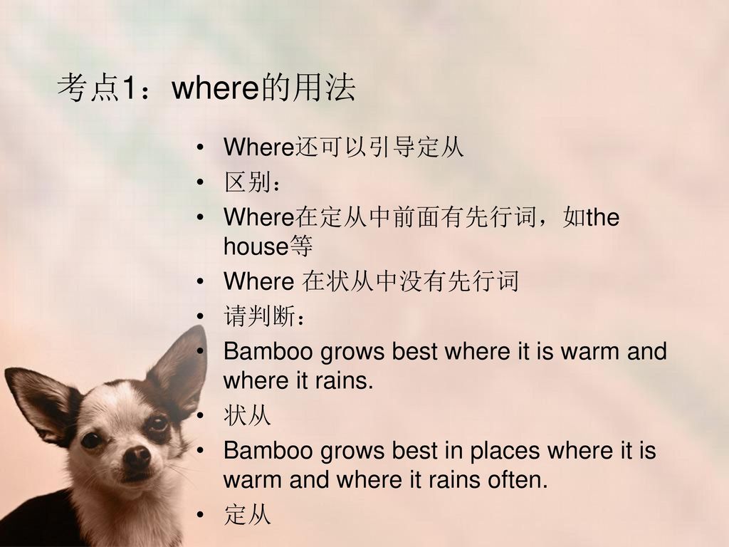 考点1：where的用法 Where还可以引导定从 区别： Where在定从中前面有先行词，如the house等