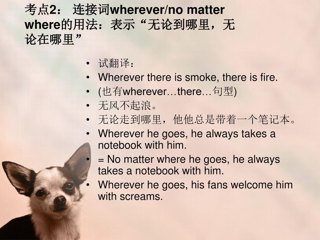 考点2： 连接词wherever/no matter where的用法：表示 无论到哪里，无论在哪里