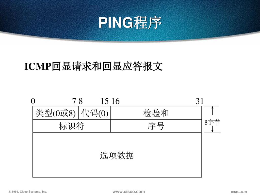 PING程序 ICMP回显请求和回显应答报文 代码(0) 检验和 类型(0或8) 标识符 序号 选项数据