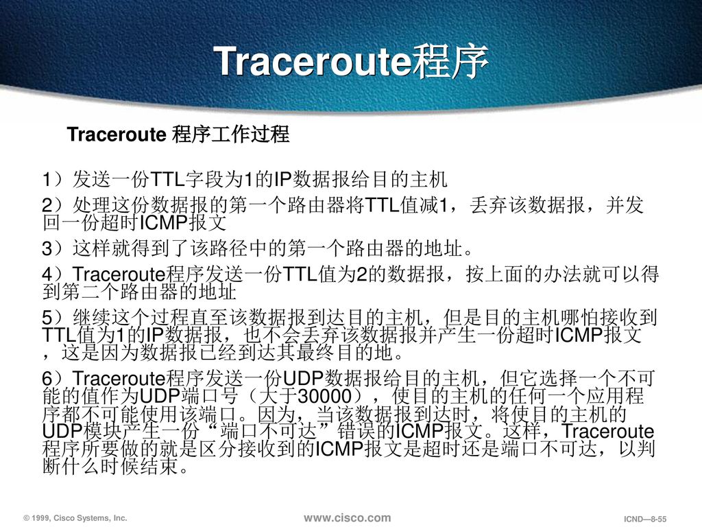 Traceroute程序 Traceroute 程序工作过程 1）发送一份TTL字段为1的IP数据报给目的主机