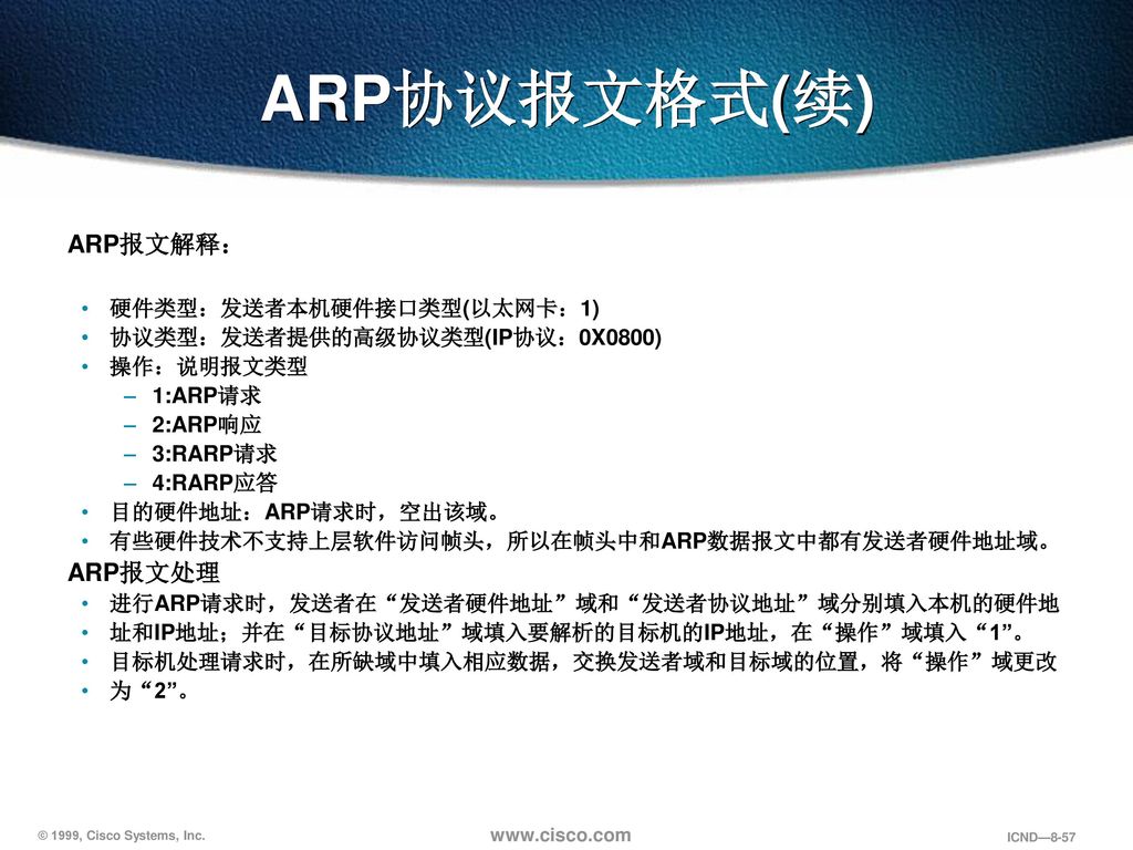 ARP协议报文格式(续) ARP报文解释： ARP报文处理 硬件类型：发送者本机硬件接口类型(以太网卡：1)