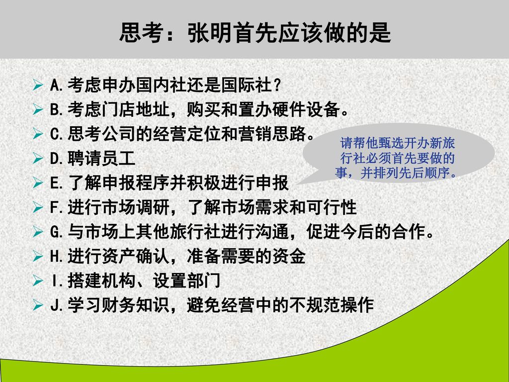 请帮他甄选开办新旅行社必须首先要做的事，并排列先后顺序。