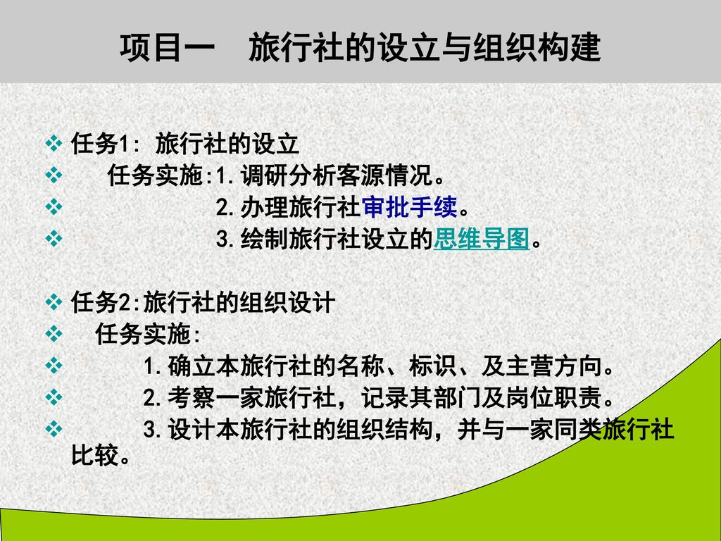 项目一 旅行社的设立与组织构建 任务1: 旅行社的设立 任务实施:1.调研分析客源情况。 2.办理旅行社审批手续。