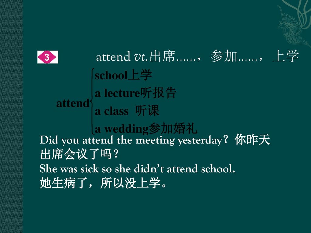 attend vt.出席……，参加……，上学